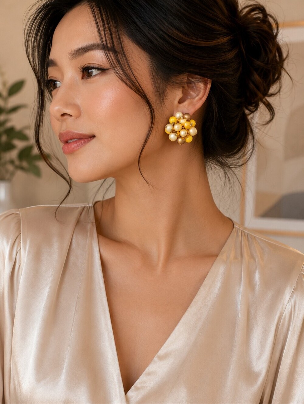 Vintage Cluster Bead Clip-On Earrings | Yellow, Cream & Gold Beaded| 1960s-70s